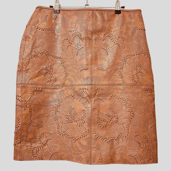 NEW Lauren Ralph Lauren Black Label Tooled Leather Pencil Skirt Sz 10 Brown Luxe - Picture 4 of 13